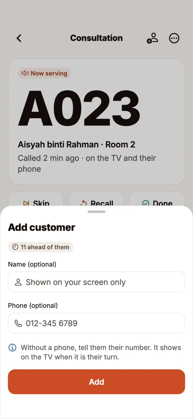 Add customer in the NextPass app: an optional name and phone, with 11 ahead of them.