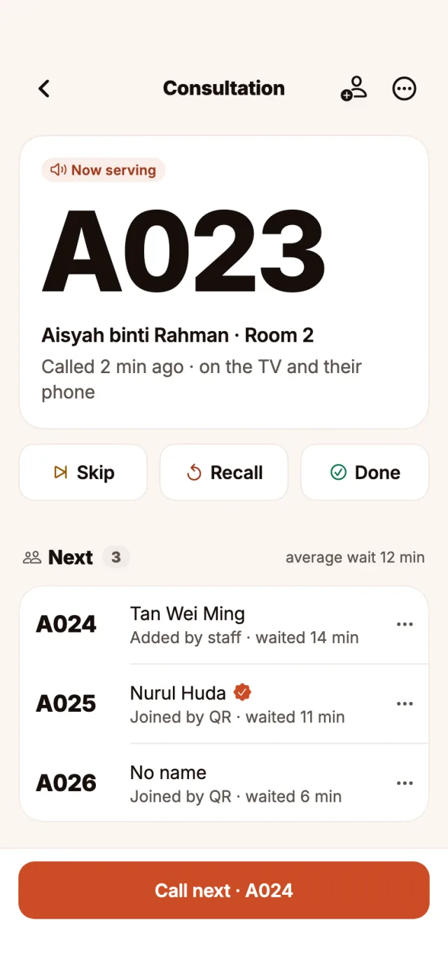 A queue in the NextPass app: A023 now serving in Room 2, the buttons Skip, Recall and Done, the next three numbers, and Call next A024.
