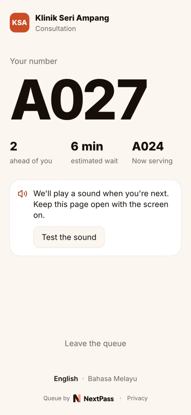 A customer's phone showing their number A027, 2 ahead of them, about 6 minutes to wait, and A024 now serving.